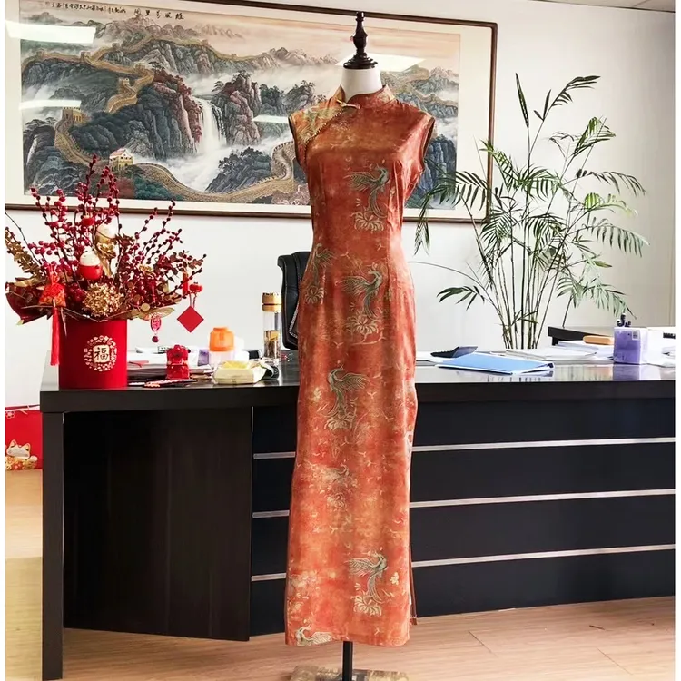娴馨设计师原创海派双面提花甜橙色春夏长款日常走秀旗袍