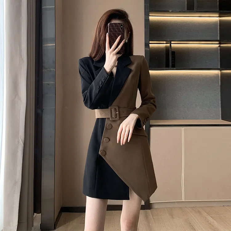 新款女装桔梗法式气质不规则赫本风连衣裙设计小众西装裙1908