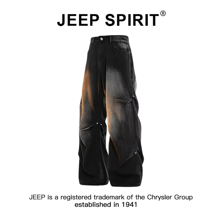 Jeep吉普美式高街牛仔裤男款秋季水洗渐变直筒裤潮牌宽松阔腿裤子