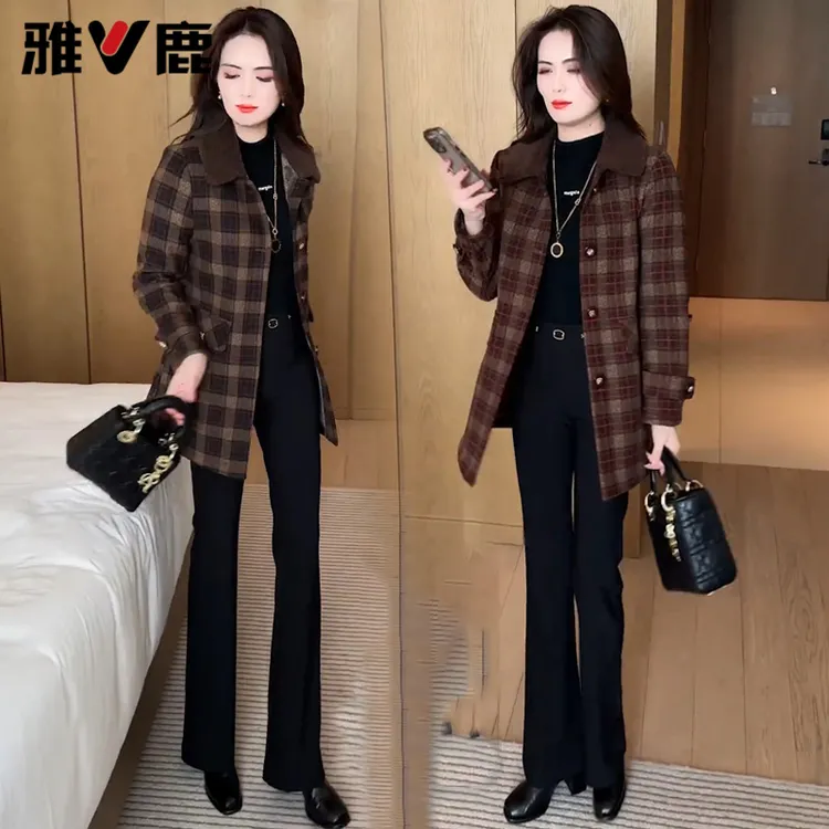 雅鹿加绒加厚格子外套高级感秋冬洋气显瘦小个子中长款大衣