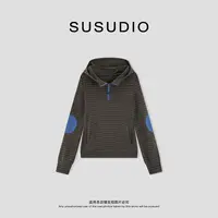 SUSUDIO  早秋连帽立领半拉链撞色补丁撞色套头长袖上衣 10664