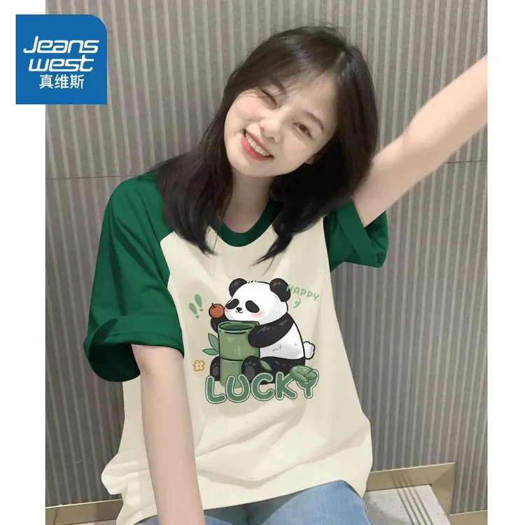 真维斯可爱国潮印花短袖女2025年新款宽松上衣夏季可外穿纯棉T恤
