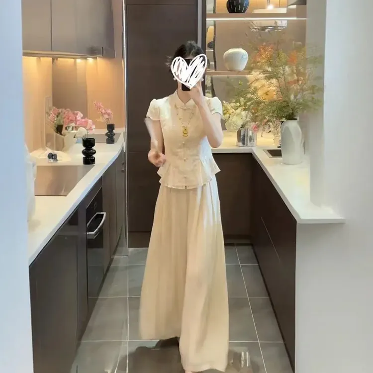 大码女装胖mm夏季新中式国风禅意女装套装修身显瘦阔腿裤杏色上衣