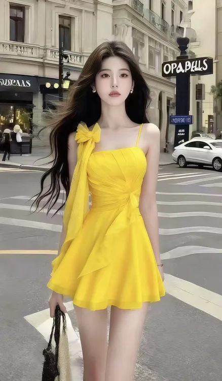 优雅轻奢气质显瘦黄色一字肩吊带收腰小众连衣裙女时尚高端氛围感