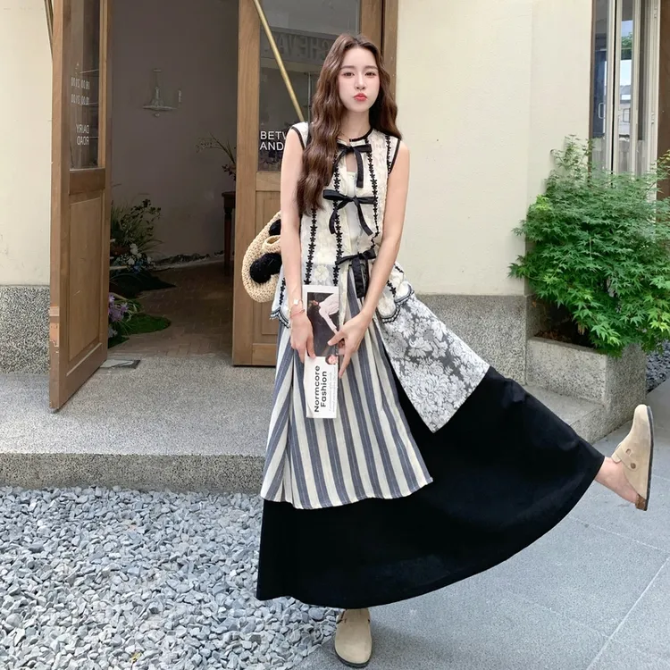 蕾丝无袖马甲不规则半身裙三件套女夏季巨好看超火独特韩系一整套