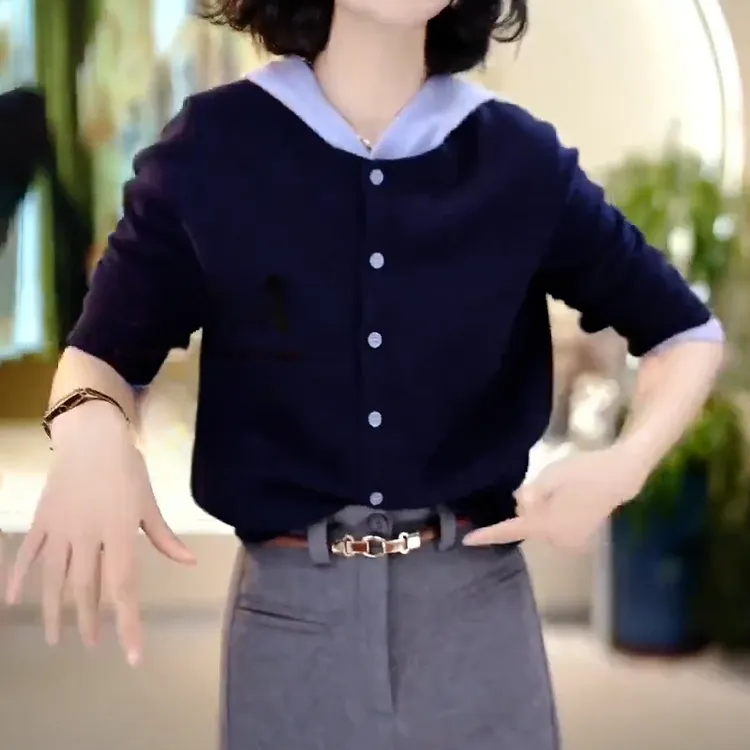 高级感时尚连帽针织衫女2025年春秋新款休闲洋气百搭假两件上衣潮