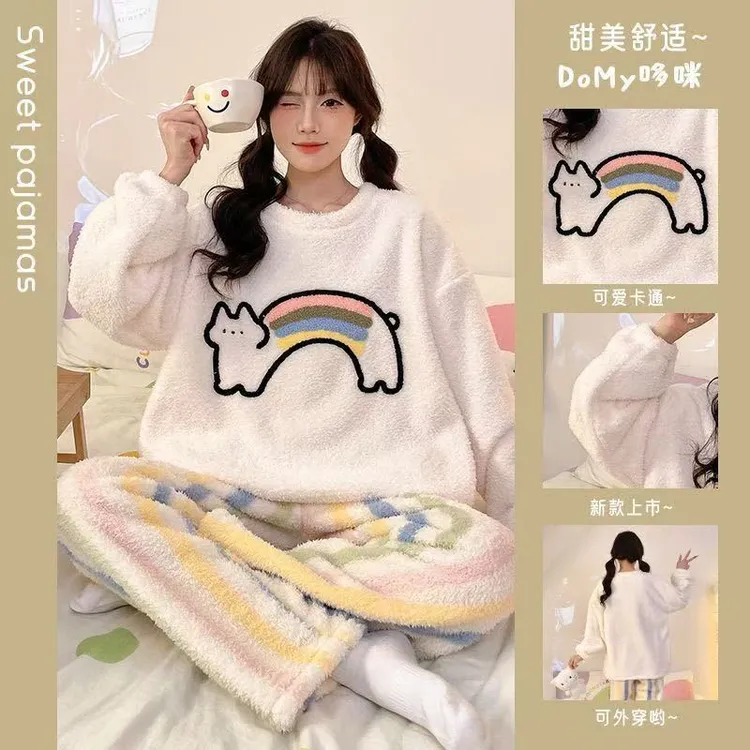 秋冬新款珊瑚绒睡衣女冬天可外出睡衣可爱卡通少女睡衣女加厚加绒