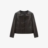 秋季女立领皮衣拼接圆领休闲外套皮衣---JKK000922【阿邱时尚社】