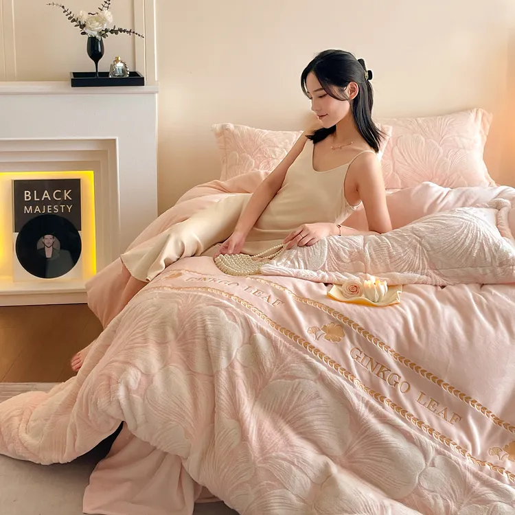 富安娜 新款A类新款兔毛烂花牛奶绒绣花床单床笠四件套加厚冬绒被