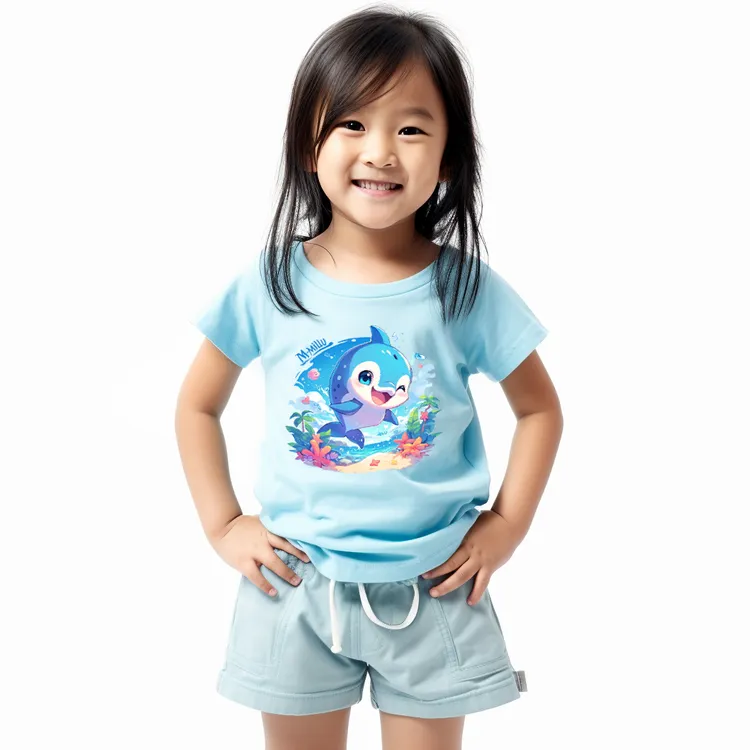 儿童短袖T恤圆领潮酷可爱卡通海豚男童夏装纯棉打底衫女童班服潮t