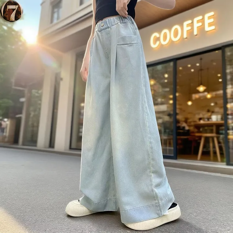 女童牛仔裤2025春秋新款儿童洋气长裤中大童女孩浅色直筒阔腿裤潮