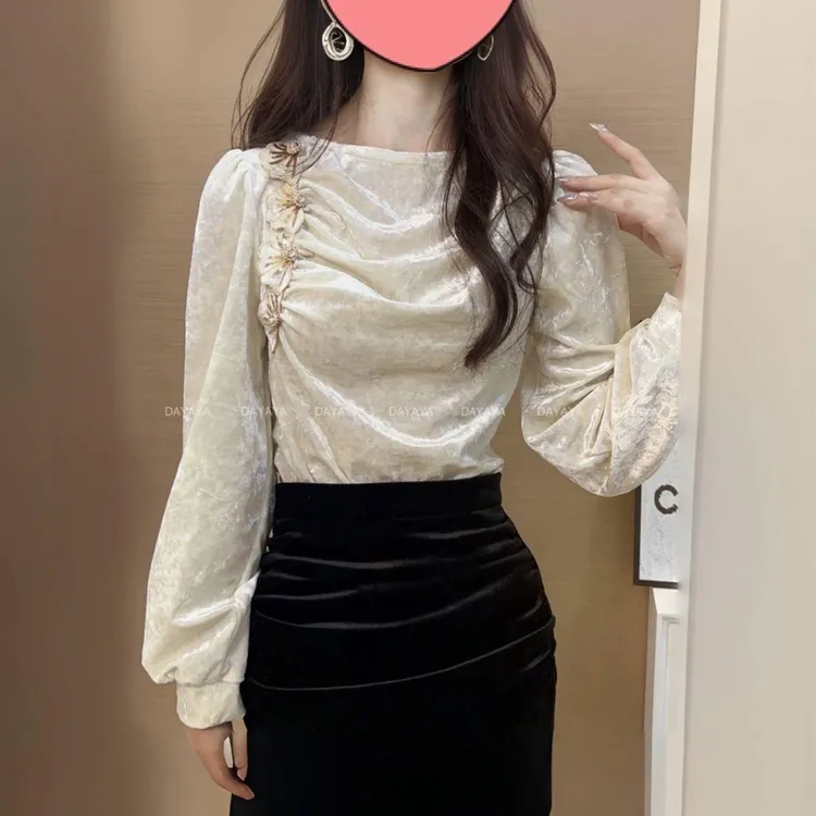 丝绒法式气质名媛衬衫复古2025新款打底刺绣长袖上衣洋气领带别致