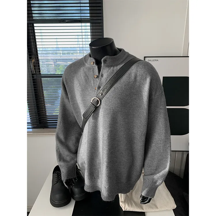 慵懒风亨利领针织衫男士秋季老钱风潮牌宽松百搭大码休闲毛衣外套
