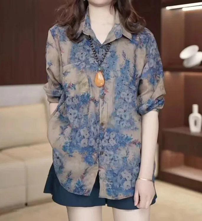夏季复古百搭显瘦民族风防晒衬衫长袖碎花宽松洋气气质上衣小衫女