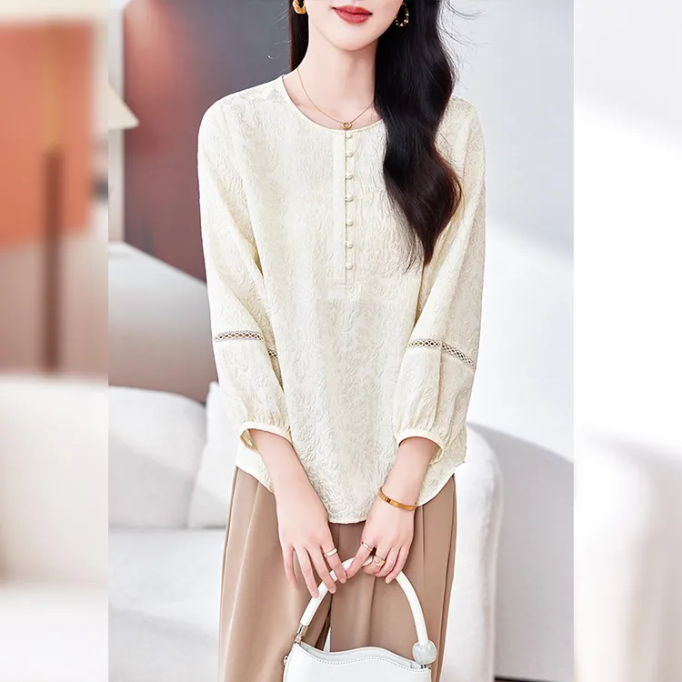 金丝冠乐绉上衣女七分袖2025夏装圆领真丝衬衫中袖小衫衬衣