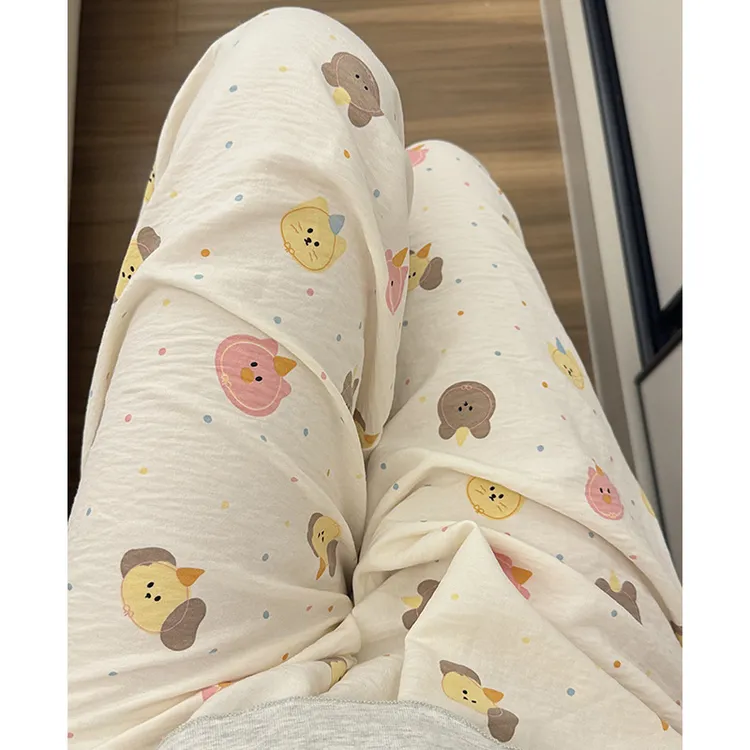 睡裤女夏季小熊长裤薄款家居裤可爱休闲宽松慵懒高腰阔腿遛弯裤子