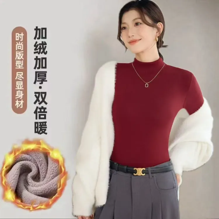 加绒加厚半高领打底秋冬新款2025秋冬洋气季修身保暖发热长袖上衣