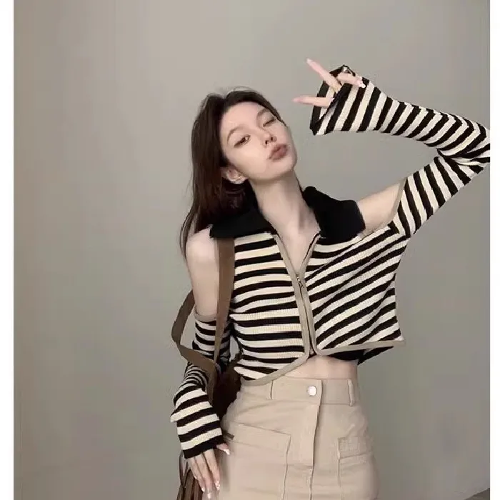 辣妹显瘦短款条纹开衫秋季时尚休闲设计感上衣2025年秋冬新款跨境