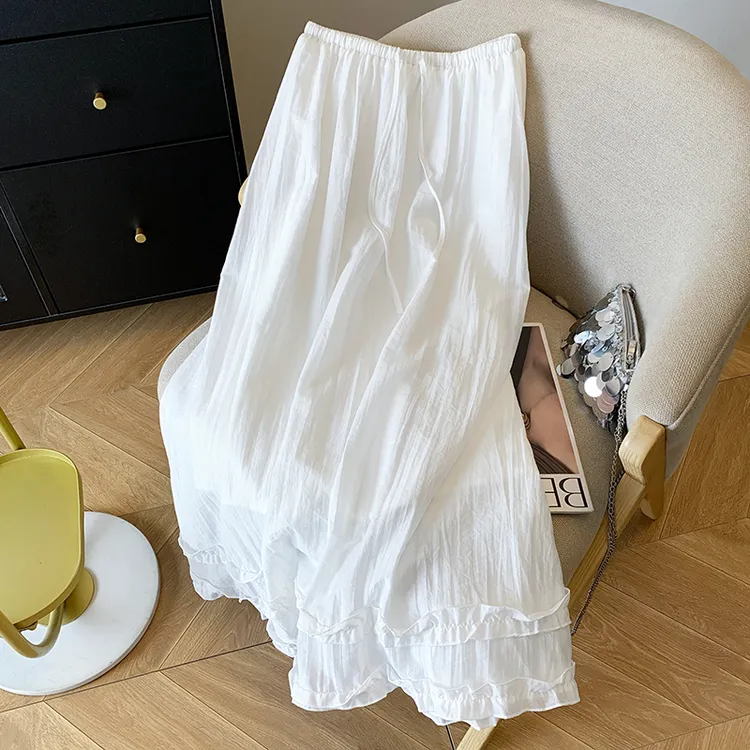 甜美减龄木耳边拼接抽绳系带半身裙女夏季2025高腰A字宽松大摆裙