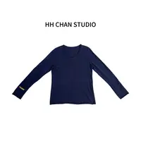 HH.CHAN"蓝V"绵羊毛莱赛尔羊驼毛藏青长袖V领针织衫HH53G38046