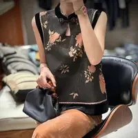 深圳乔莎【沐玫花100%人丝】新中式国风拼接重工提花马甲