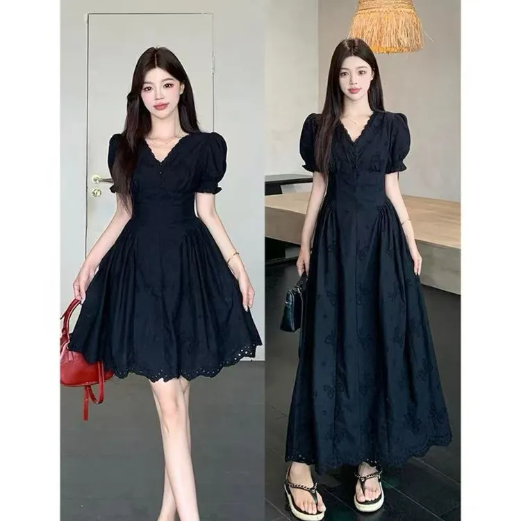 大码女装夏季新款气质镂空拼接设计收腰小黑裙连衣裙洋气长裙子