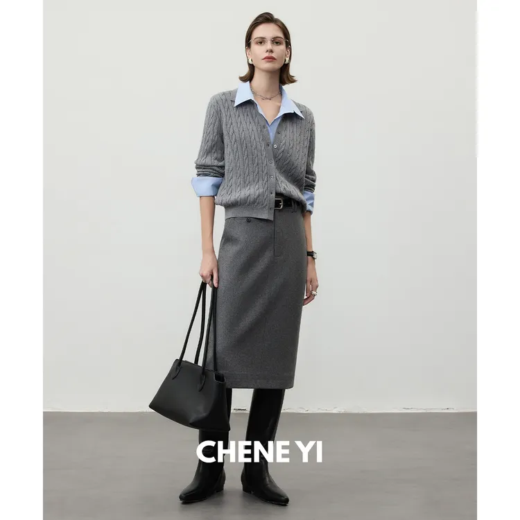 CHENE YI 笈简佰搭设计感通勤三角巾直筒半身裙女