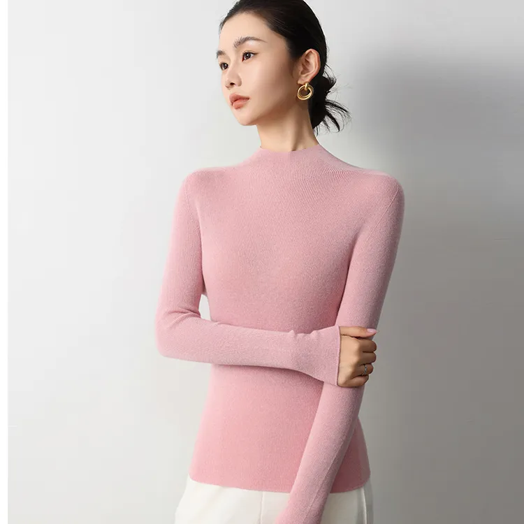 德扬子纱金银丝无缝一体羊毛半高领打底衫女针织修身薄款内搭