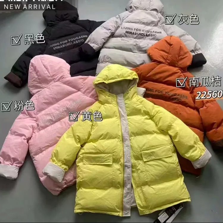 欧货秋冬款撞色字母女中长款加厚连帽宽松型棉外套