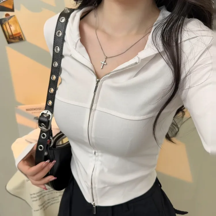 春秋连帽短款设计感上衣女拉链甜辣显瘦长袖修身T恤开衫潮7029