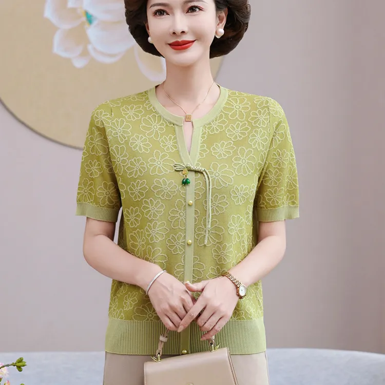 新中式妈妈夏装上衣2025新款中老年女装薄款针织上衣短袖T恤小衫