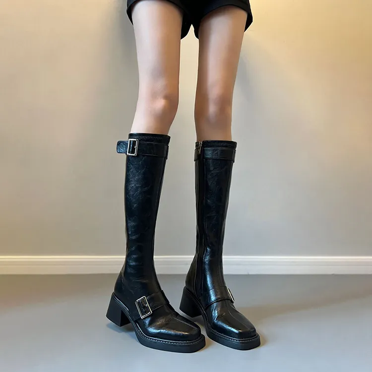 秋冬季瘦瘦靴2025绝美穿搭高筒长靴方头皮带扣粗跟弹力骑士靴女靴
