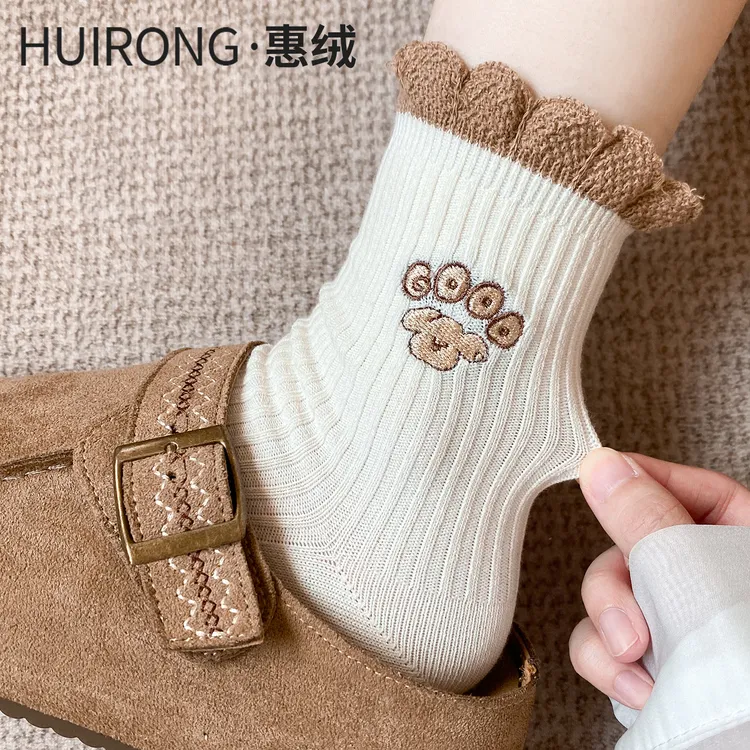 袜子女款棉袜中筒袜春夏季女生棉袜日系花边可爱春秋款刺绣长袜潮