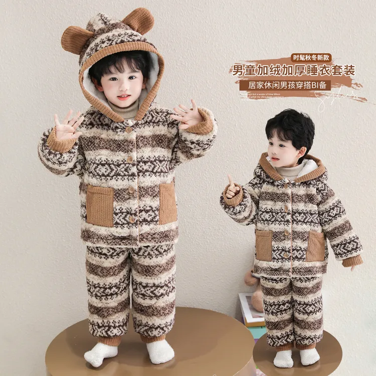 男童睡衣儿童冬季三层夹棉珊瑚绒加绒加厚套装男宝宝法兰绒家居服