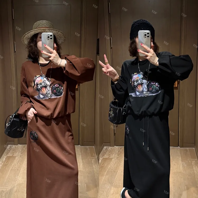 YDFSTUDIO小众【琥珀流光】欧货早秋卡通图案设计上衣+半身裙套装