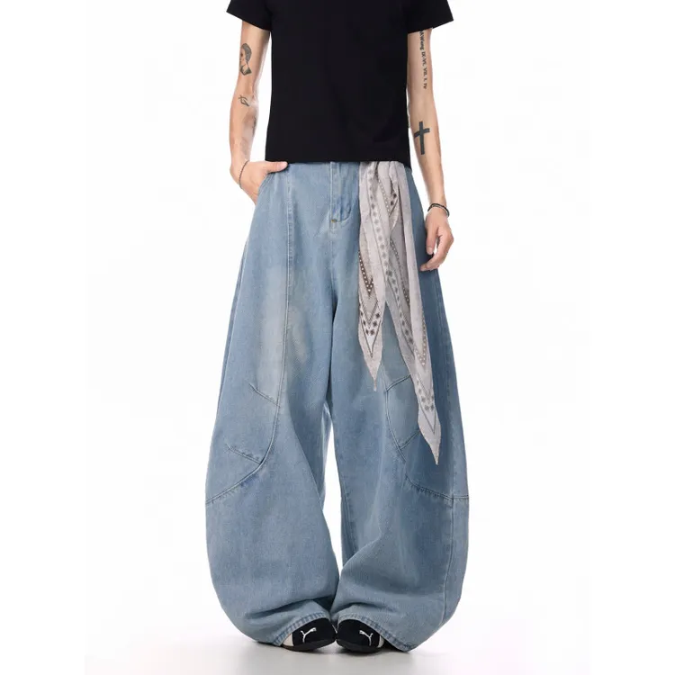 小众美式方巾解构弯刀牛仔裤男女新款宽松复古设计感直筒阔腿长裤