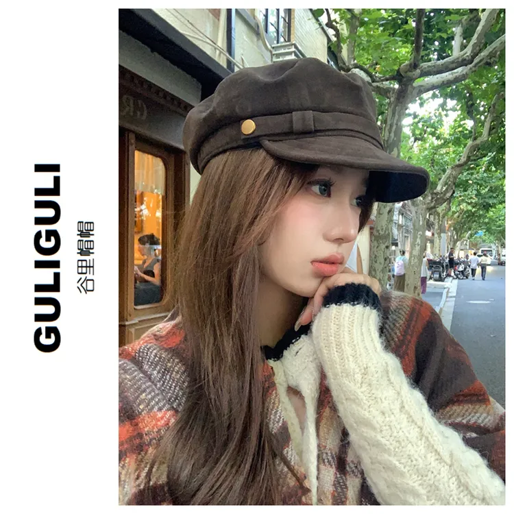 秋冬做旧报童帽平檐平顶咖色百搭时尚贝雷帽画家帽帽子女秋冬