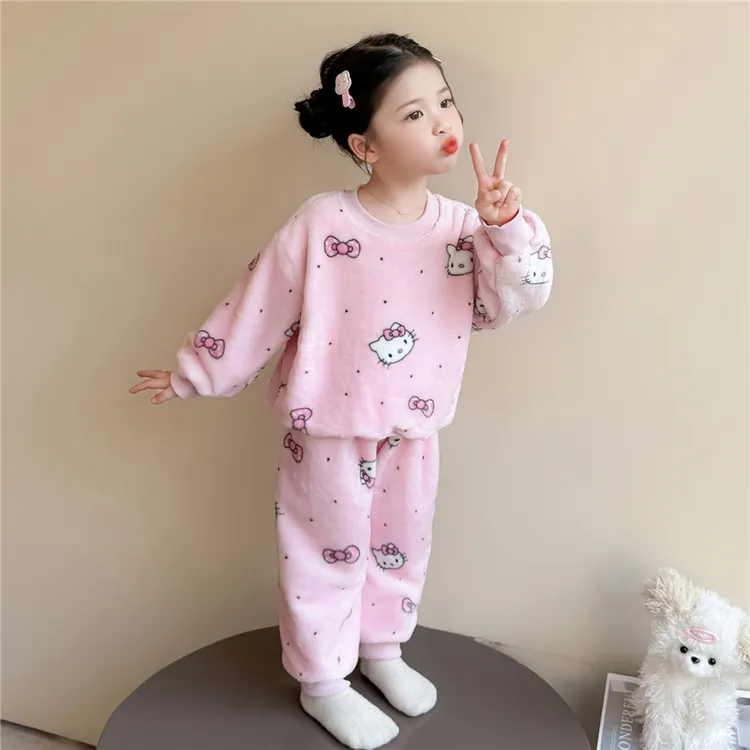 女童睡衣套装2025新款春秋儿童女宝宝卡通猫咪家居服法兰绒保暖款