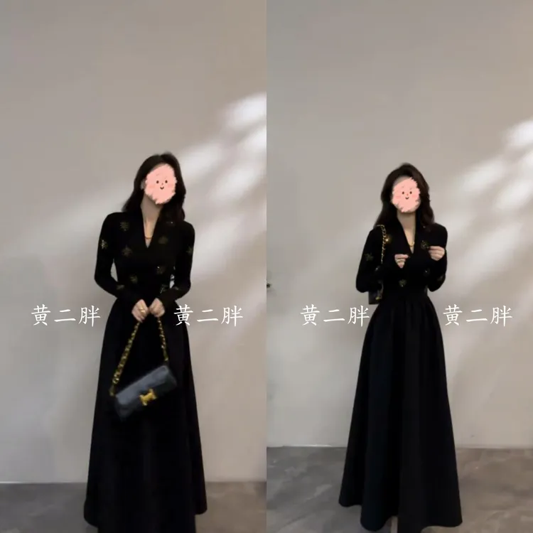 法式烫钻太阳花长袖连衣裙女秋季新款赫本风高级感收腰黑色长裙子
