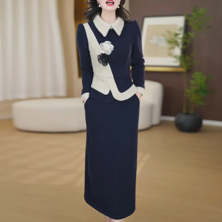 简约洋气连衣裙套装女2025年冬季新款女士精致显瘦上衣裙子两件套