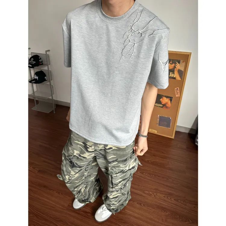 夏季新款闪电刺绣短袖t恤男显肩宽半袖cleanfit正肩空气棉上衣ins