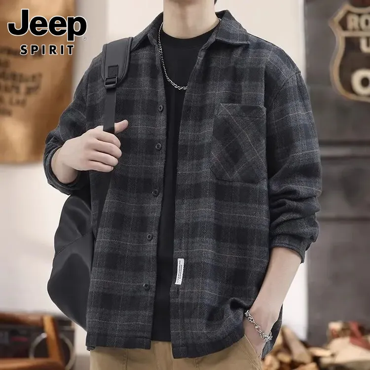 jeep吉普美式复古工装长袖衬衫男春秋款磨毛休闲格子大码外套男装