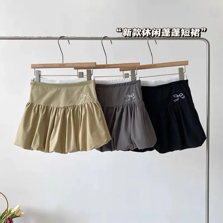 辣妹花苞裙百褶裙女夏季高腰显瘦蝴蝶结灰色a字短裙子蓬蓬半身裙