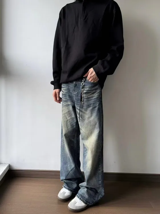 CHAOM美式复古压痕水洗宽松直筒cleanfit牛仔长裤男磨白拖地裤082