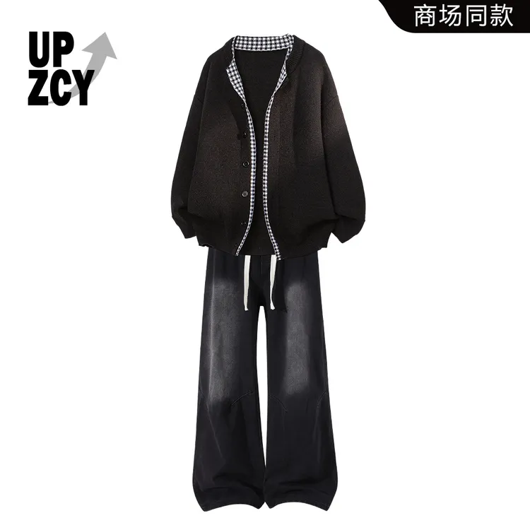 UPZCY美式街头潮牌休闲复古风开衫毛衣冬季新款百搭时尚牛仔裤男