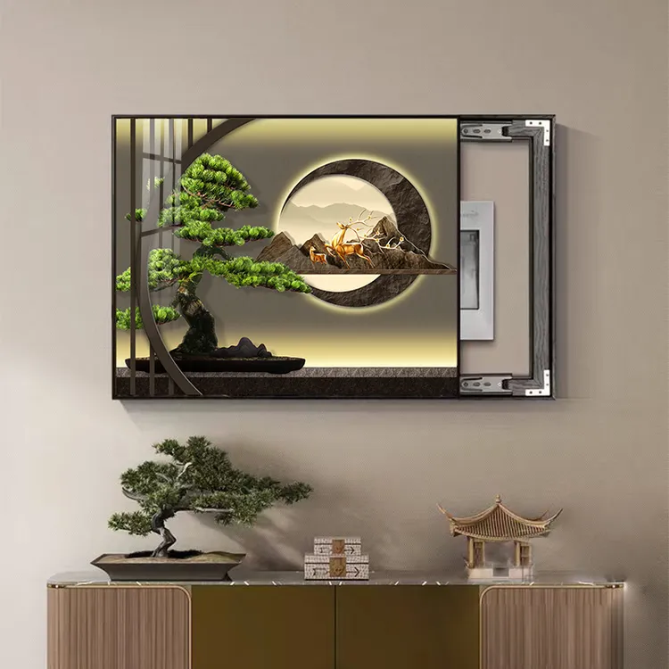 新中式电表箱装饰画迎客松电箱墙壁挂画弱电源电闸盒开关遮挡壁画