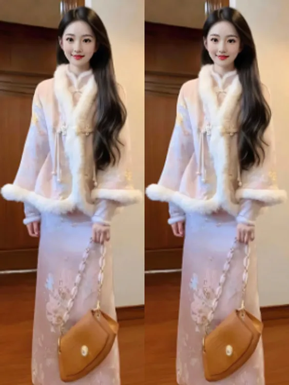 大码胖mm新中式套装国风绝美粉色毛绒小香风外套旗袍连衣裙一整套