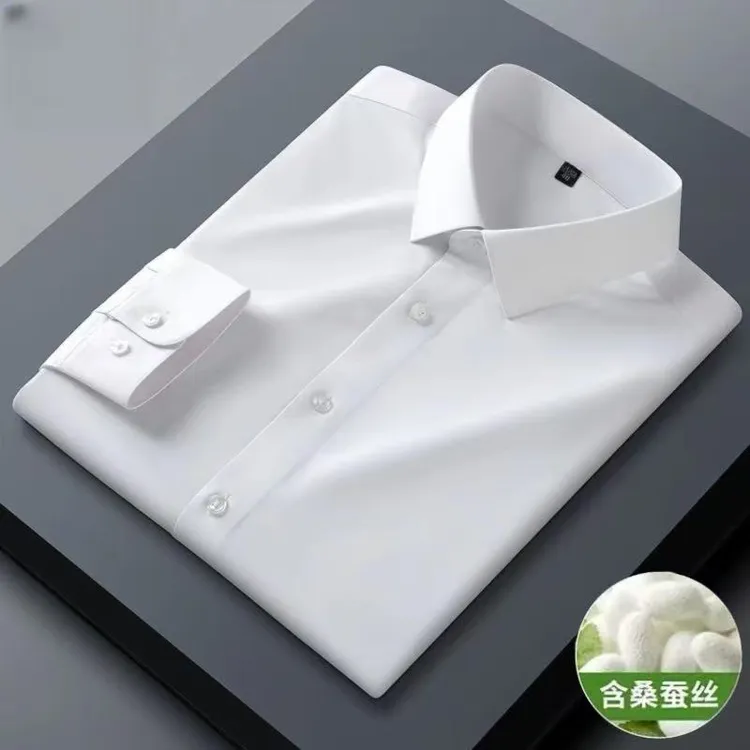 新款桑蚕丝春季长袖男士衬衫免烫抗皱衬衣高级感商务休闲职业正装