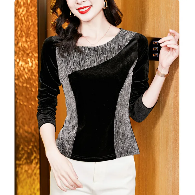 秋冬2025新款气质高端亮丝拼接丝绒长袖打底t恤女士修身显瘦上衣