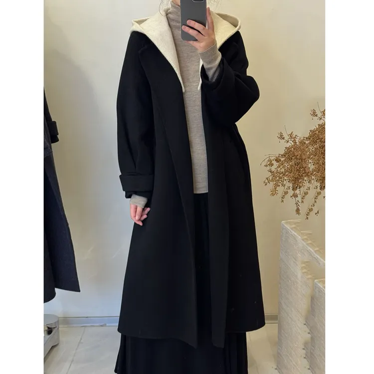 韩国休闲双面羊绒大衣女长款2025新款可拆卸撞色连帽系带羊毛外套